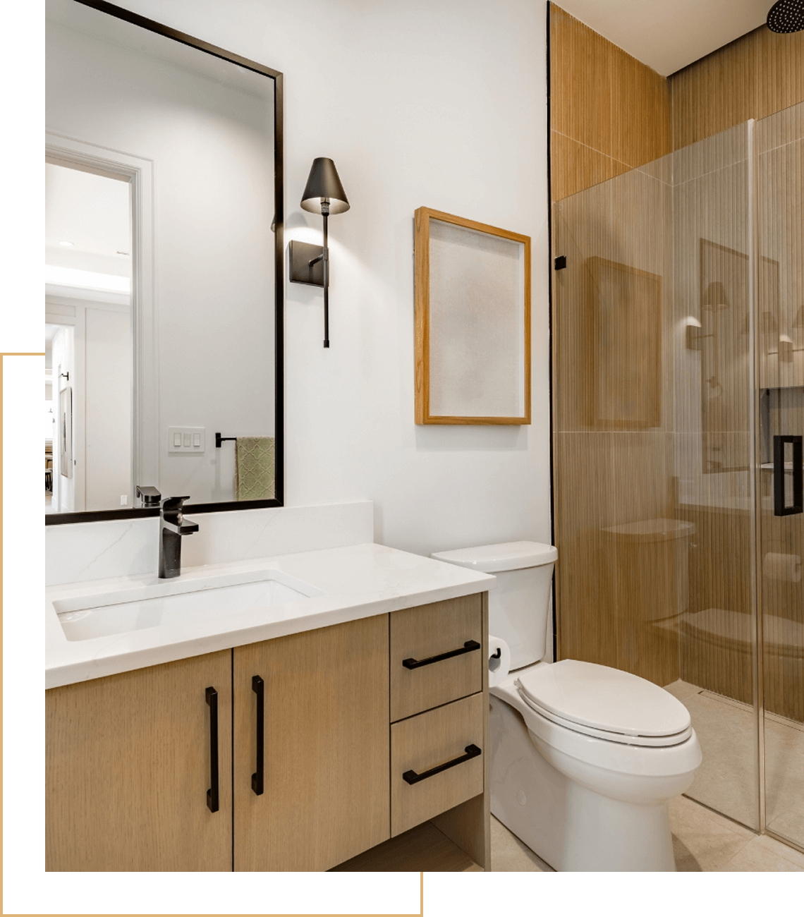 Modern bathroom with wooden accents and shower.