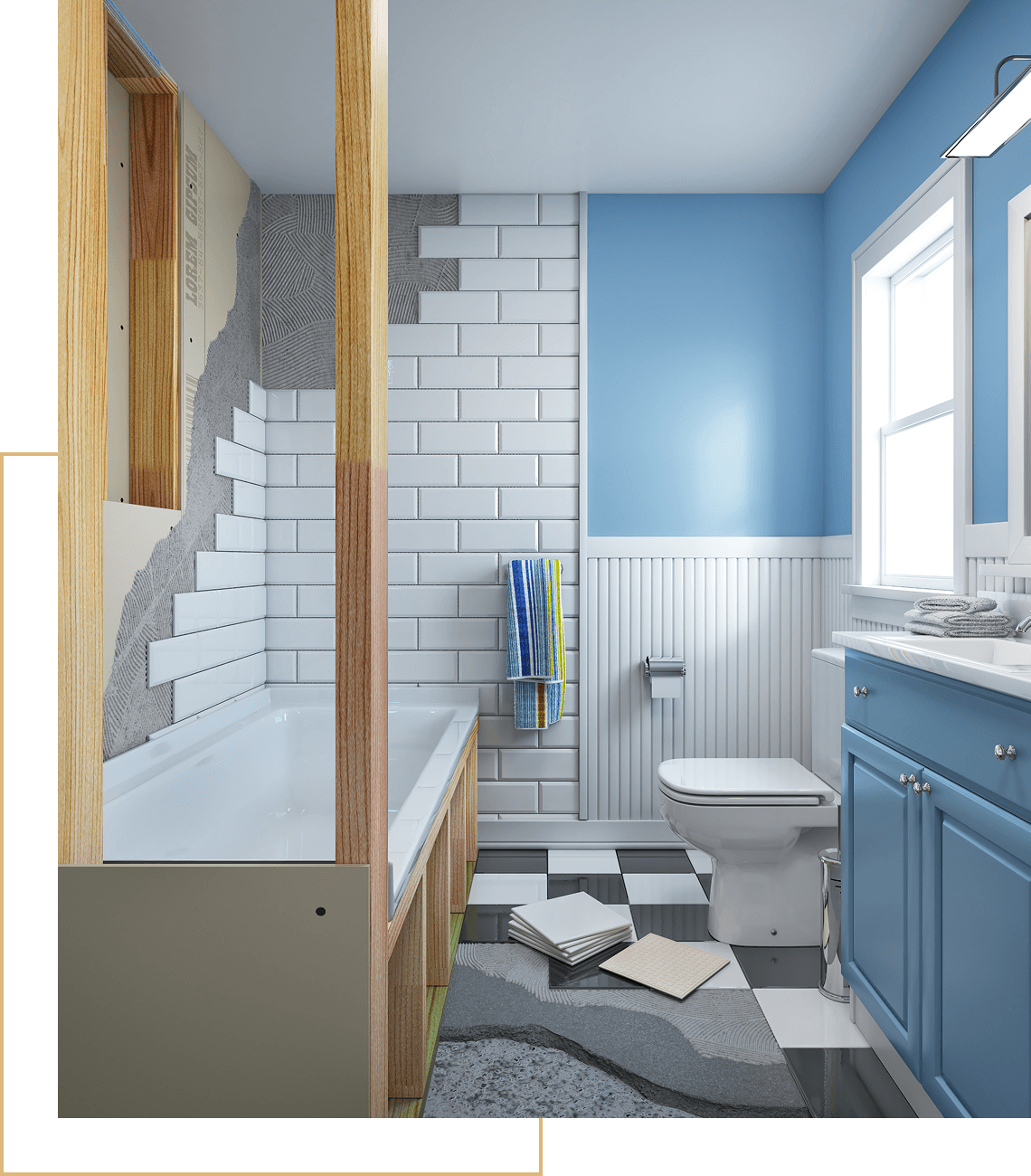 Partially renovated bathroom with blue walls.